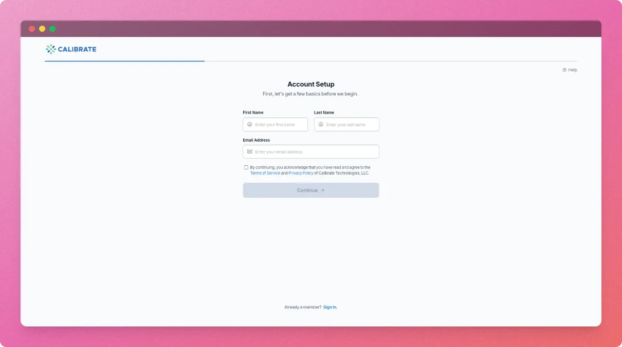 Calibrate account setup screen