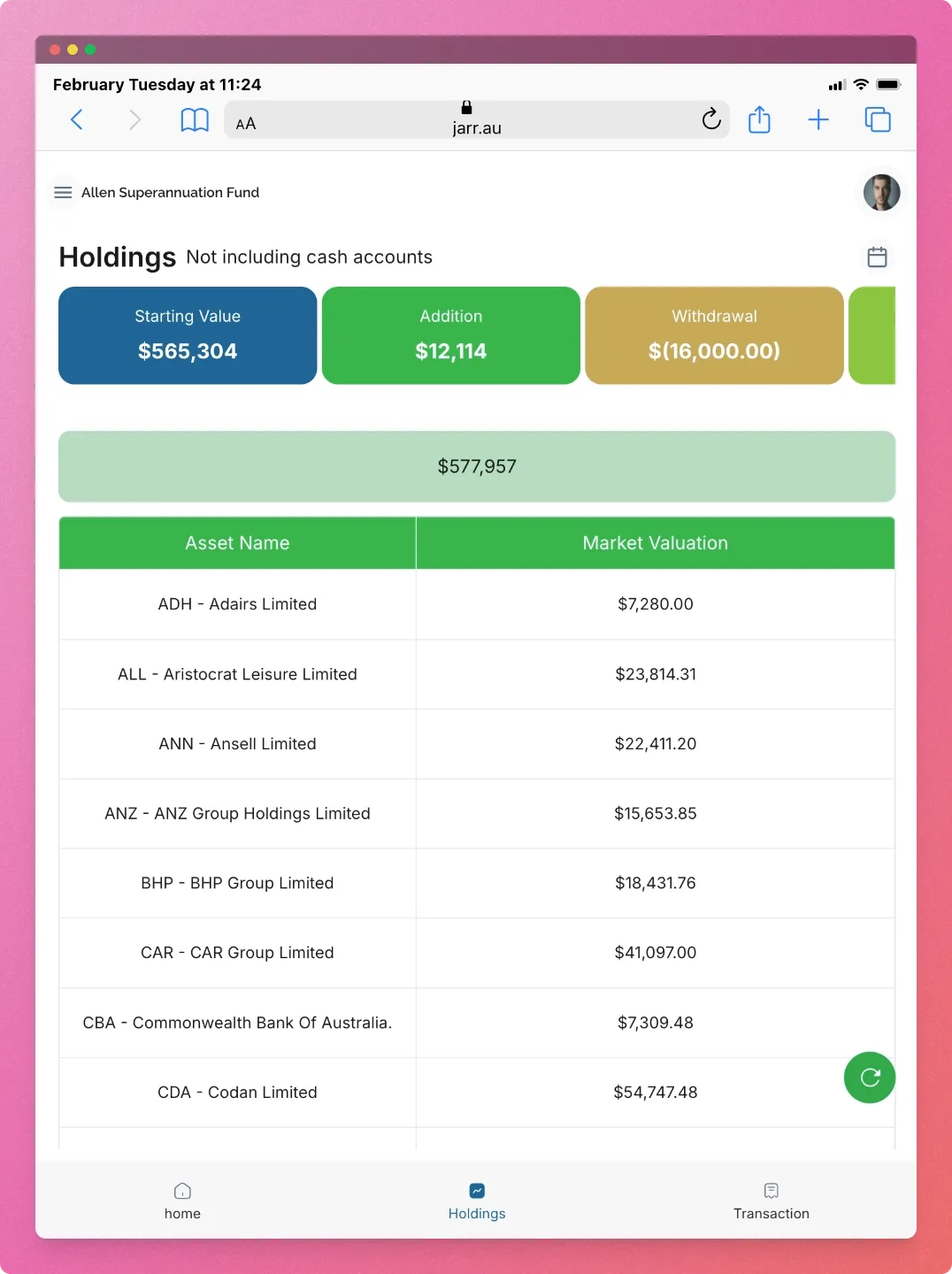Jarr holdings overview