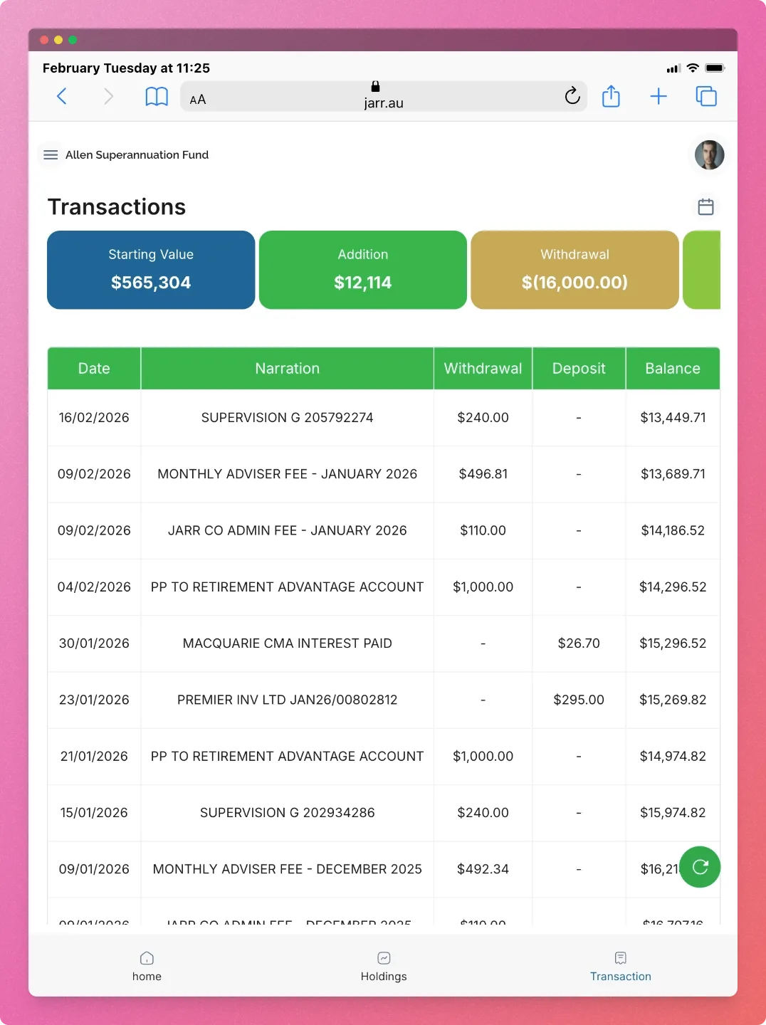 Jarr transactions list